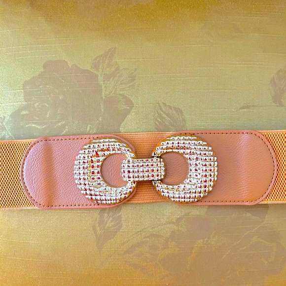 Tan Brown and Gold Toned Stretch Waist Belt - Picture 3 of 5